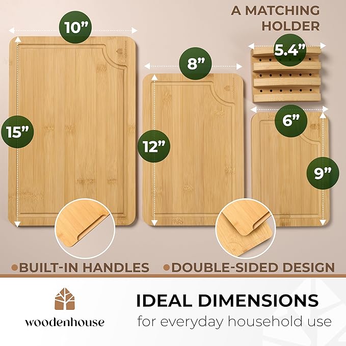 Bamboo Cutting Board Set of 3 with Holder, Light Color, Durable & Eco-Friendly, Perfect for Chopping, Serving, and Food Prep - Wooden Cutting Boards for Kitchen, Wood Cutting Board