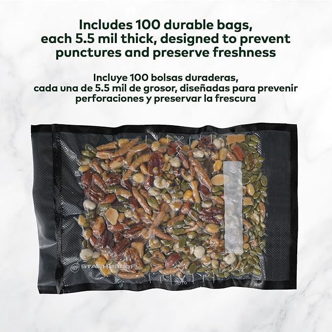 Vacuum Seal Bags 8" x 12" (100 Count) 5.5 Mil (Black and Clear) - BPA Free Commerical Grade Food Saver for Storage, Sous Vide, and Meal Prep Sealer Bag