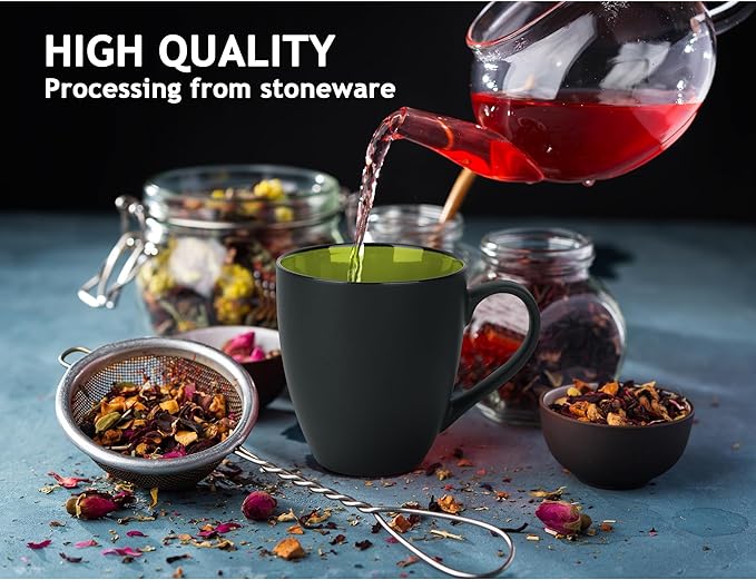 MIAMIO - Set of 6 Stoneware Coffee Mugs 12 Ounce/Cup Set - Le Papillon Collection (Black-Colourful)