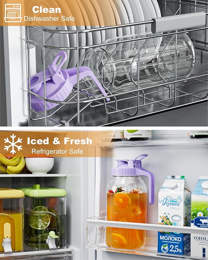 64oz Glass Mason Jar Pitcher with Lid Wide Mouth, 2 Quart Leakproof Glass Water Jug for Juice, Sun Iced Tea, Cold Brew Coffee, Milk Storage, Purple