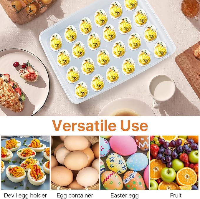 3 Pcs 72 Count Deviled Egg Containers with Lid, Portable Storage Carrier Egg Holder with Deviled Egg Injector, Stackable Deviled Egg Tray Plastic Egg Organizer for Fridge Easter Party