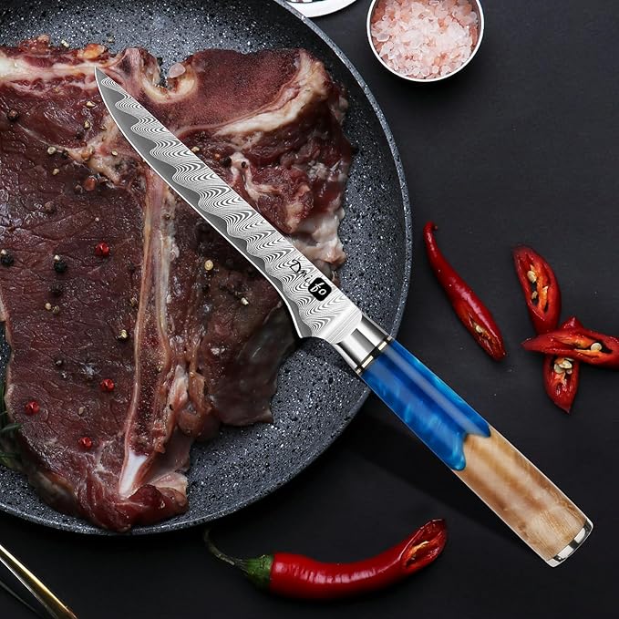 Fillet Knife 6 Inch Damascus Boning Knife for Meat Fish and Poultry Cutting with Super Sharp Japanese Blade with Gift Box and Resin Wood Handle, Ideal Gift for Men and Women