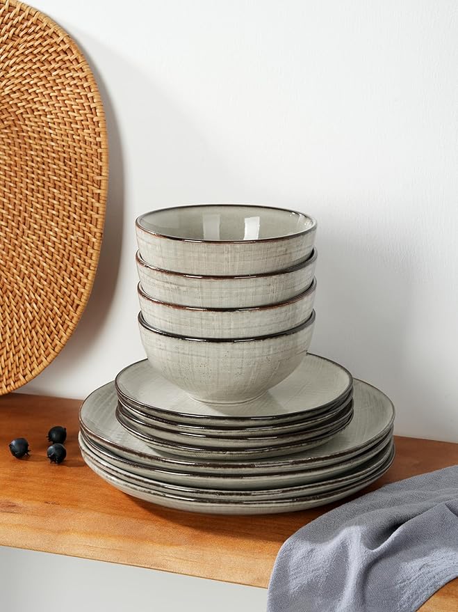 Famiware Moonlight Plates and Bowls Sets, 18 Pieces Stoneware Dinnerware Sets with Linen Finish, Handmade Dishware set for 6, Microwave and Dishwasher Safe, Scratch Resistant Tableware, Summer Sand
