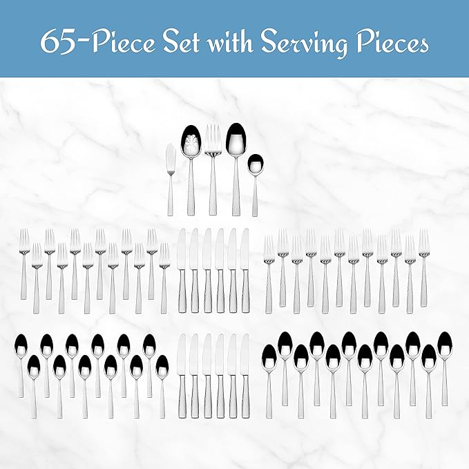 Mikasa, Oliver Gleam Flatware Service for 12, 65 Piece Set, 18/10 Stainless Steel, Silverware Set with Serving Utensils