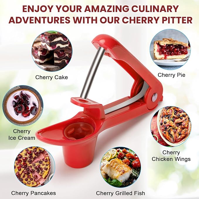 SCHVUBENR Cherry Pitter Tool - Stainless Steel Cherry Corer Pitter with Ergonomic Push Design - Easy to Use for Making Cherry Jam - Pit Cherry with Ease, Saving Time & Space with Lock Design(Red)