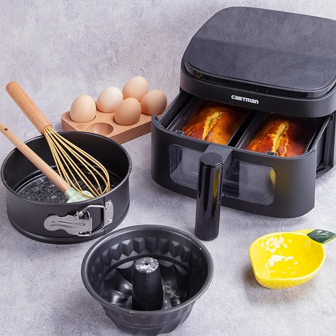 CARTMAN 4-Piece Air Fryer Bakeware Set, Non-Stick Carbon Steel Mini Springform, Bundt Cake Pan, 2 Loaf Pans, Fits Ninja, Chefman, Cosori, Instant Pot, Non-Toxic with Online Recipe Guide