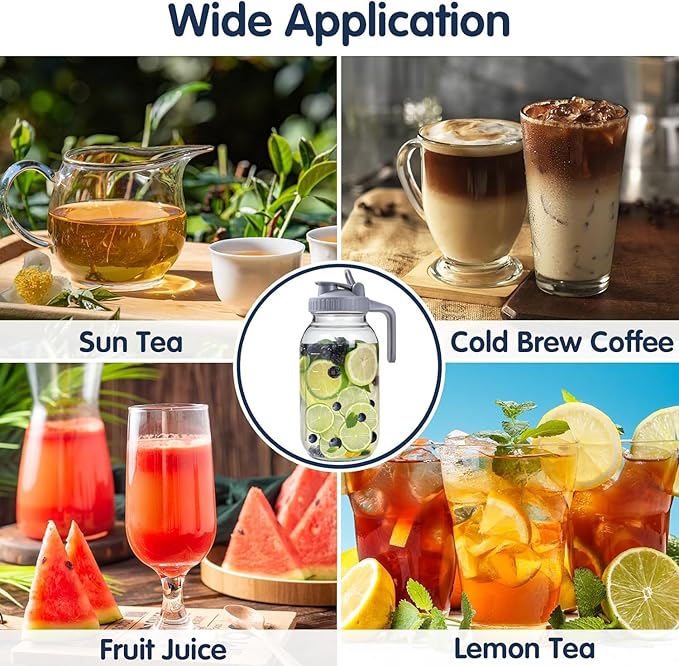 64oz Glass Pitcher with Lid, Wide Mouth Mason Jar Water Jug, Leak-Proof Airtight Mason Jar for Cold Brew Coffee, Iced Tea, Milk, Food Storage, Sun Tea Jug (Black)