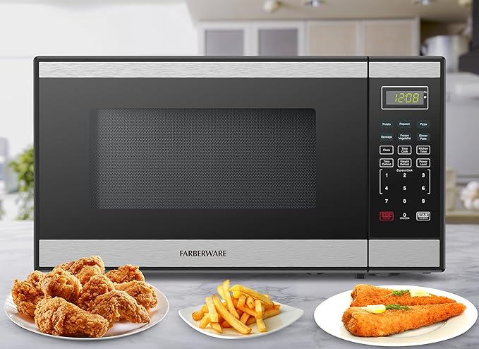 Farberware 1.1 Cu. Ft. Countertop Microwave Oven – 1000W Power, Auto Cook Settings, Defrost, and Safety Lock Stainless Steel, Black Stainless