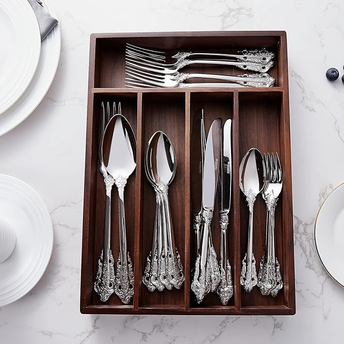 KEAWELL Luxury 45-Piece Silverware Set, 18/10 Stainless Steel, Service for 8, Mirror Finish, Antique Baroque Design, Dishwasher Safe (Silver)