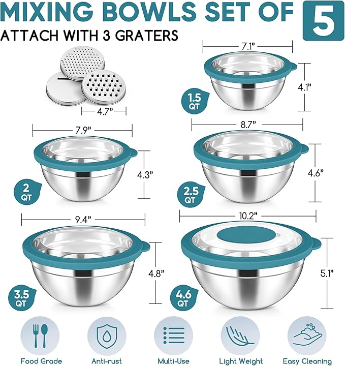 Herogo 5-Piece Mixing Bowls with Airtight Clear Lids, 3 Grater Attachments, Stainless Steel Large Bowls of 5 for Kitchen, Size 4.6, 3.5, 2.5, 2, 1.5QT Ideal for Mixing and Serving, Blue