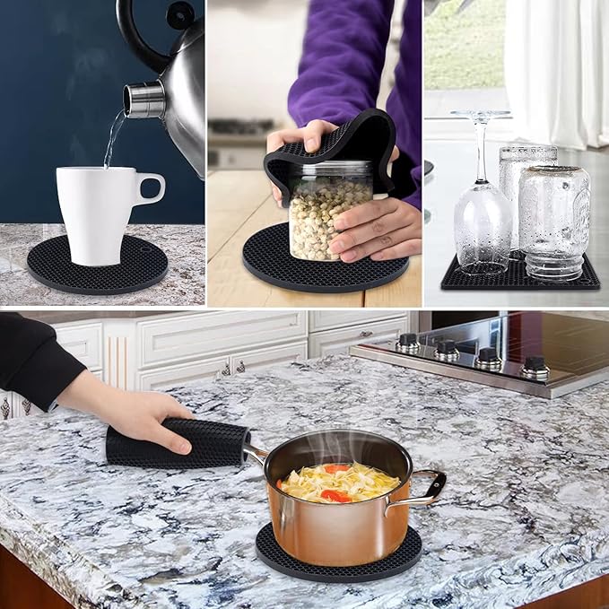 4 Pack Silicone Trivets for Hot Pots and Pans, Black Hot Pads Pot Holders, Non-Slip & Heat Resistant Silicone Mats for Kitchen Counter, Soft Durable Drying Mat, Jar Opener and Coasters, Black