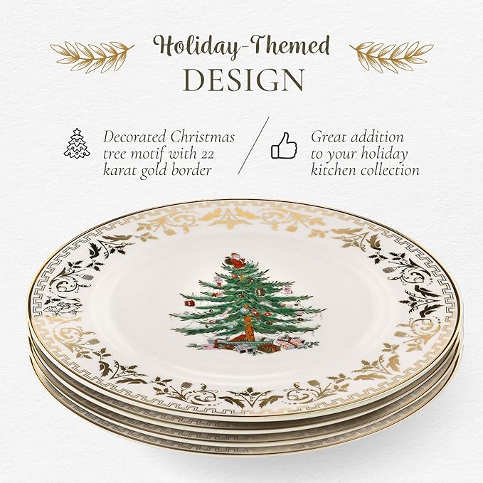 Spode Christmas Tree Gold Salad Plate (Set of 4) - 8-Inch Porcelain Dinner & Appetizer Plate, Christmas Dinnerware, Microwave & Dishwasher Safe, Festive Collectible Seasonal Dining Plate