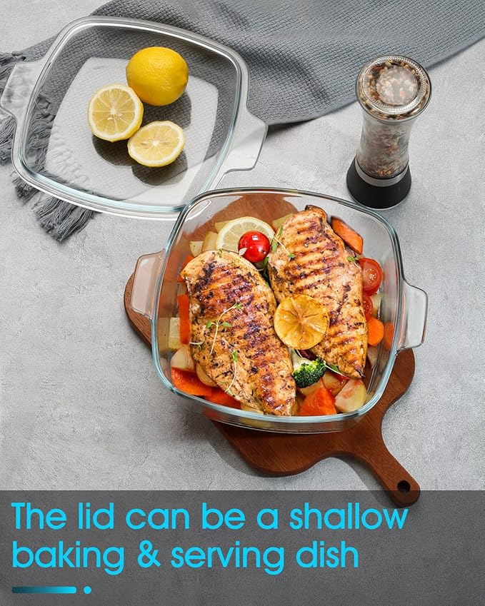 NUTRIUPS 2.5L Glass Casserole with Glass Lid Square Casserole Dish for Oven Glass Microwavable Bowl With Lid
