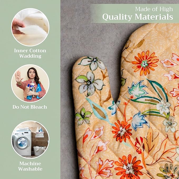 Maison d' Hermine Oven Gloves 100% Cotton Oven Mitt 7" x 13" with Loop Heat Resistant, BBQ, Cooking Gloves, Baking, Grilling, Kitchen, Handling Hot Pans Spring/Summer (Pack of 1, Luxury Loft – Peach)