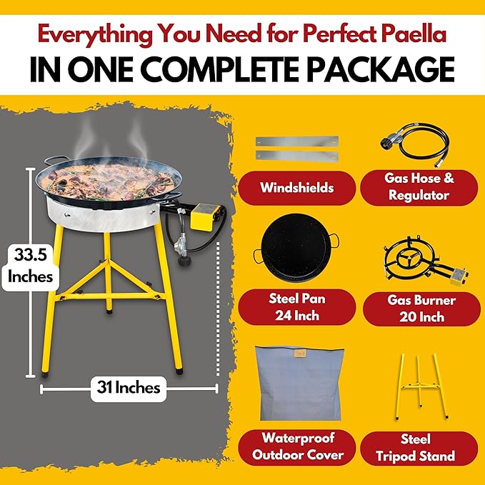 Paella Burner and Stand Set 20 Servings, 24 Inch Paella Pan, Dual Propane Outdoor Stove with Stand & Regulator, Portable Gas Cooker for Camping Crawfish Boil Cooking Outdoor, Paellera Propano