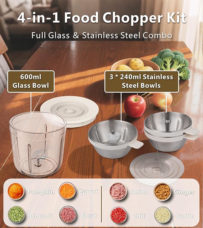4-in-1 Small Food Processor Cordless Set with 600ml Glass Bowl, 3*240ml Stainless Steel Bowls and 3+4 Blades, USB-C Rechargeable Battery Mini Meat Vegetable Chopper, Electric Kitchen Blender Wireless
