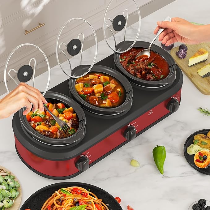 Triple Slow Cooker, 3 x 1.5 QT Portable Small Dual Crock Cooker, Buffet Servers and Warmers Dishwasher Safe, Removable Ceramic Pot Glass Lid, Stainless Steel, Red