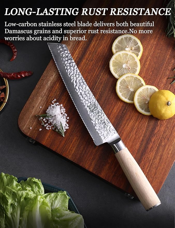 Serrated Bread Knife for Homemade Bread- 8 inches VG-10 Core, SGS Certified Ultra and Long-lasting Sharp Damascus Steel, Efficient Slicing Sourdough Crusty Bread Cutter