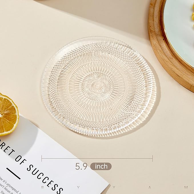 Dessert Plates - 6 Inch/15cm Handblown Glass Plates Set of 6 - Small Decorative Salad and Dessert Plates, Clear Glass Dinner Plates for Appetizers, Salads, and Small Meals