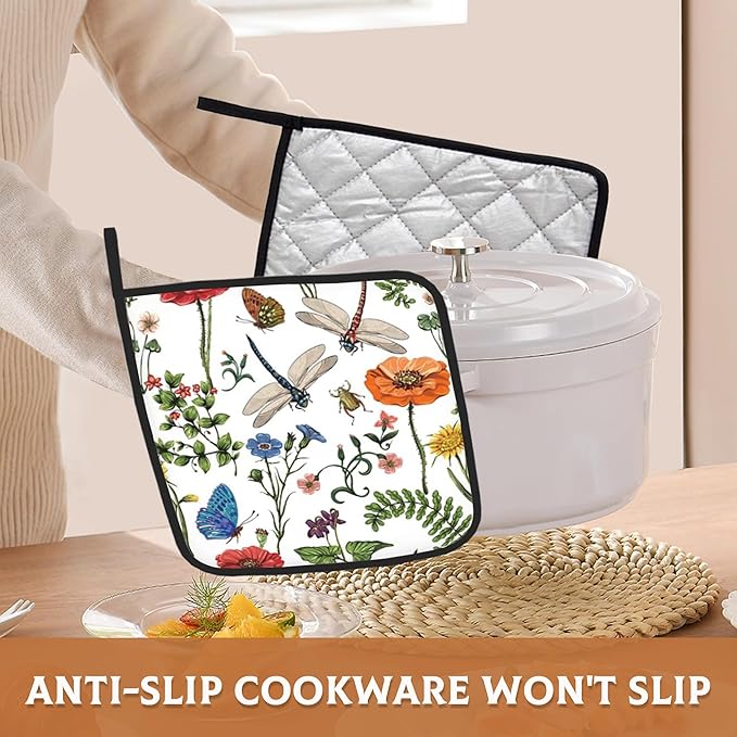 Dragonfly Butterfly Botanical Pot Holders Set of 2, Kitchen Heat Resistant Potholder for Microwave Cooking Baking Oven End Dishes and BBQ