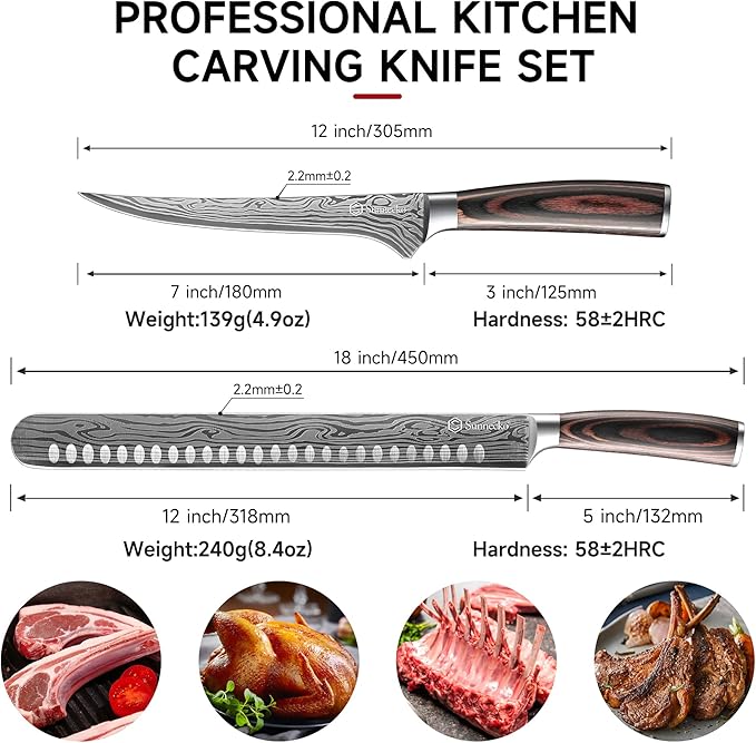 Sunnecko Professional BBQ Carving Knife Set, Slicing and Boning Knife for Meat Cutting,German High Carbon Stainless Steel Carving Knife for Meat and Turkey.
