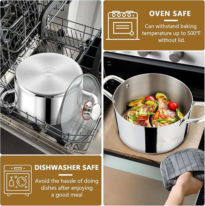 P&P CHEF 8 Quart Tri-Ply Stainless Steel Stock Pot, 8 Qt Stockpot Pasta Cooking Pot with Visible Lid for Soup Vegetable, Induction Cookware for All Stoves, Sturdy & Double Handle, Dishwasher Safe