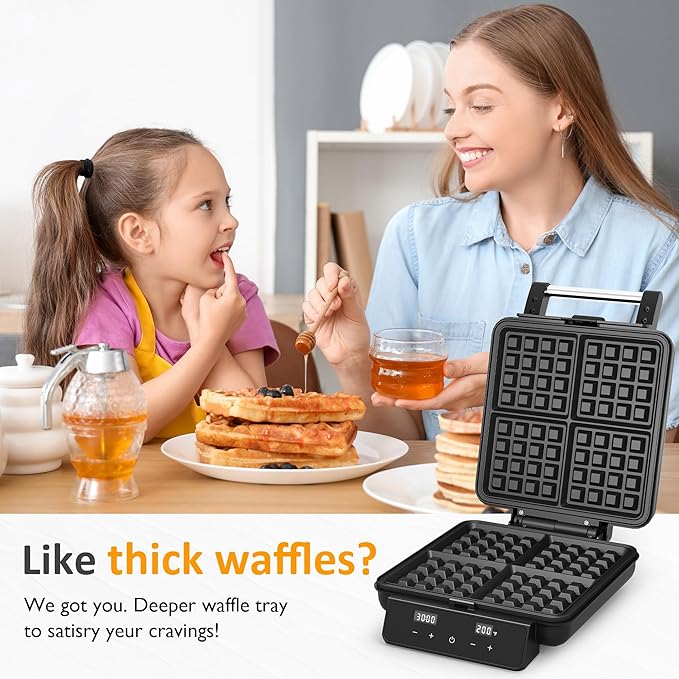 Sunvivi Stainless Steel Waffle Maker 4 Slices with Quick Heat-Up, Time & Temperature Control, LCD Display, Nonstick Surface, Perfect Waffle Iron for Kids and Families, Silver