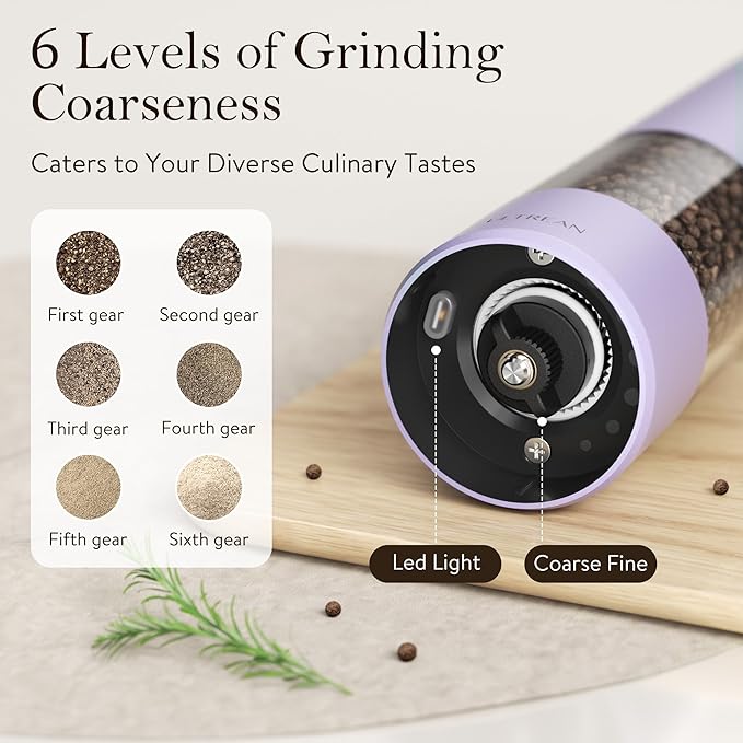 Ultrean Electric Pepper Grinder, Rechargeable Salt and Pepper Grinder with 6 Adjustable Coarseness, LED Light, One-Hand Automatic Operation, Lavender Purple