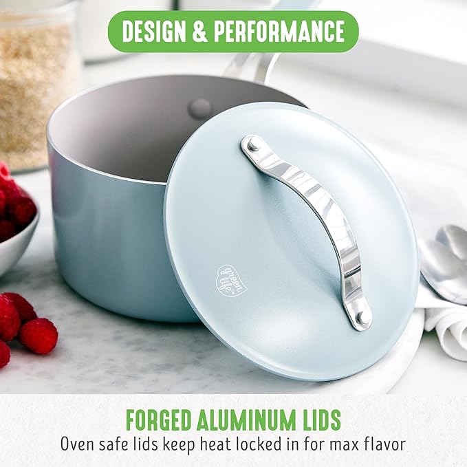 GreenLife 10-Piece Nonstick Ceramic Cookware Set, Lightweight Healthy PFAS-Free Pots & Pans with Lids, Dishwasher & Oven Safe, Durable Body, Silicone Stay-Cool Handles, Easy Release, Blue Haze