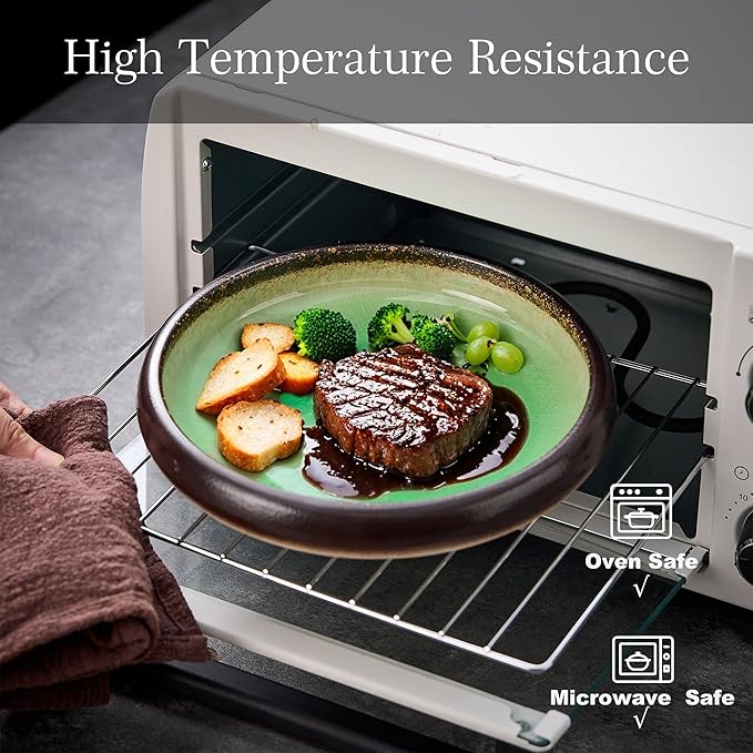 Ceramic Dinner Plates Set of 4, 8 Inch Large Porcelain Pasta and Salad Plates, Stoneware Plate Set for 4, Handmade Round Dishes for Home Decor, Microwave,Oven,and Dishwasher Safe, Green