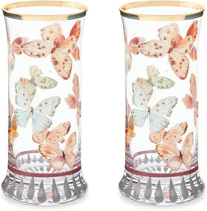 MACKENZIE-CHILDS Highball Glasses, Tall Drinking Glasses with Gold Rims, 15 Ounces, Set of 2, Butterfly Hill