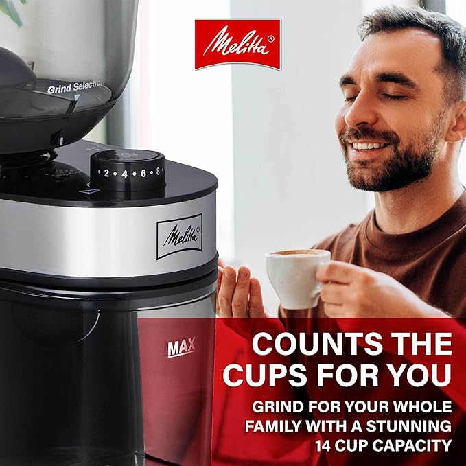 Melitta Molino Flat Burr Coffee Grinder | Whole Bean Grinder | Easy Clean & Assembly | Safety Lock Feature | with Cleaning Brush and Spoon Included |Capacity: 8 oz (225g) | 14 cups