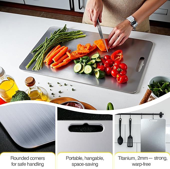 100% Pure Titanium Cutting Boards For Kitchen 14x10 Inch. Heavy-duty Thick Titanium Cutting Board 2mm, Durable & Dishwasher Safe. Ideal For Compact Kitchens & Quick Meal Prep.