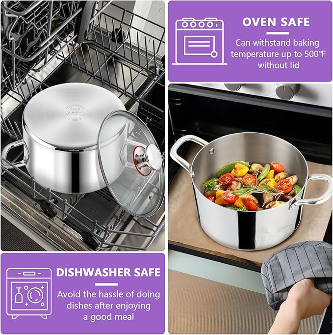 P&P CHEF 5 Quart Tri-Ply Stainless Steel Stock Pot, 5 Qt Stockpot Pasta Cooking Pot with Visible Lid for Soup Vegetable, Induction Cookware for All Stoves, Sturdy & Double Handle, Dishwasher Safe