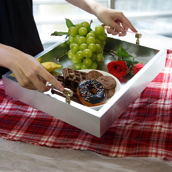 Rectangle Serving Tray with Handles - for Coffee Table, Breakfast, Dinner Kitchen Living Room Bedroom, Home Decor for All Occasions, Silver, Size M