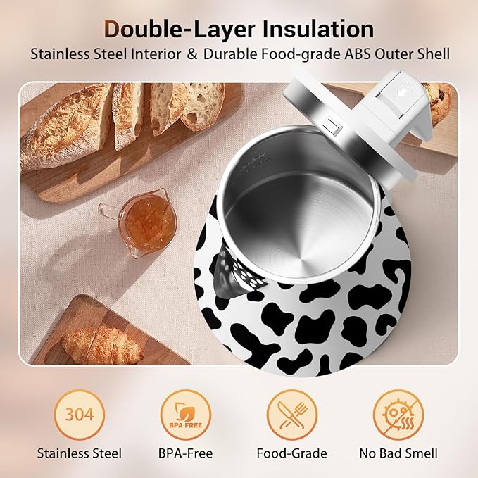 1.2L Double Wall Stainless Steel Interior Water Boiler, Cordless, 1000W Fast Boil with LED Light Coffee Pot & Tea Electric Kettle, Auto Shut-Off and Boil-Dry Protection (Cow)