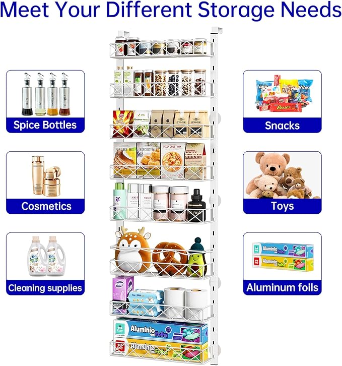 MIAOLI Over the Door Organizer, White 8-Tier Pantry Door Organizer with Adjustable Basket, Hanging Spice Rack Cabinet Door Shelves, Laundry Room Organization and Storage