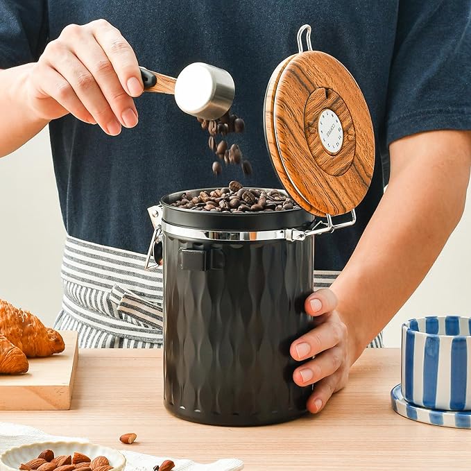 TEDSWAIT Coffee Container with Sealed Cantilever Lid and Scoop, Airtight Stainless Steel Kitchen Food Storage Canister with Date Tracker, 1.8L (Black)
