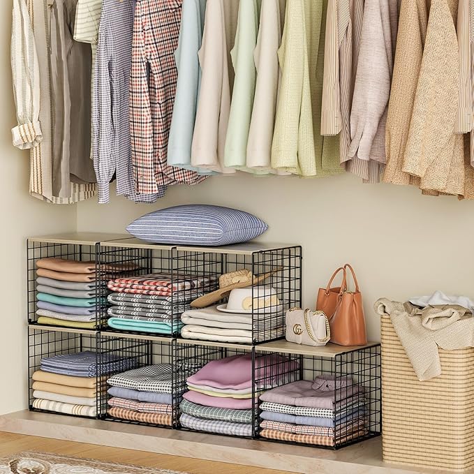 4-Tier Stackable Closet Organizers and Storage Basket, Shelves with Wood Top, Foldable Clothes Storage Bin/Cube Drawer Organizer for Wardrobe, Space-Saving, Closet Organization,Black(Patent Pending) 