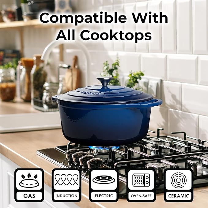 Zulay Kitchen 6 Quart Enameled Cast Iron Dutch Oven with Lid – Premium Durability & Oven Safe up to 500°F – Heavy Duty Cookware Perfect for Bread Baking, Stews, Braising & Roasting – Blue