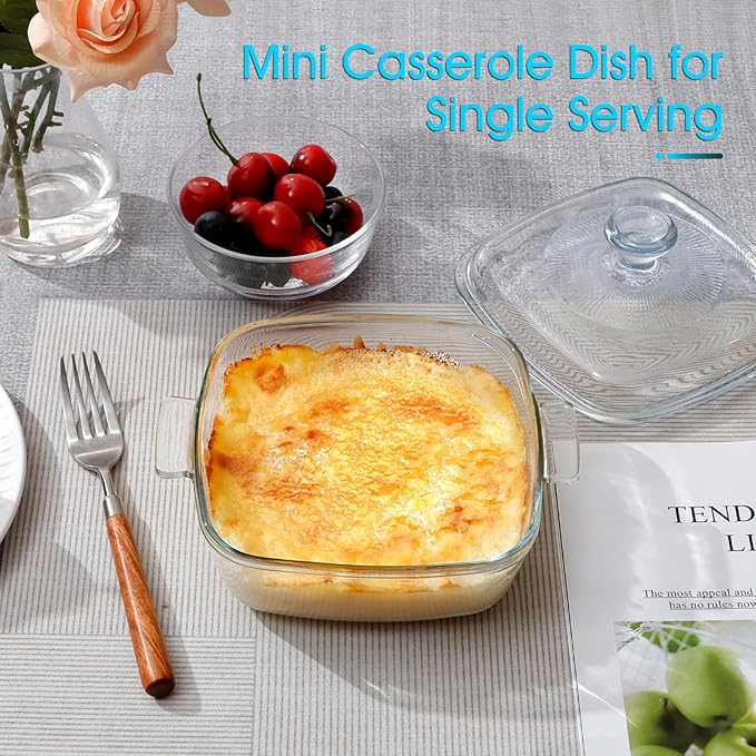 NUTRIUPS 0.8L Glass Casserole Dish with Lid Oven Safe Square Casserole Dish 5.9in Glass Microwave Bowl With Lid Microwavable Cookware (25oz-Mini)