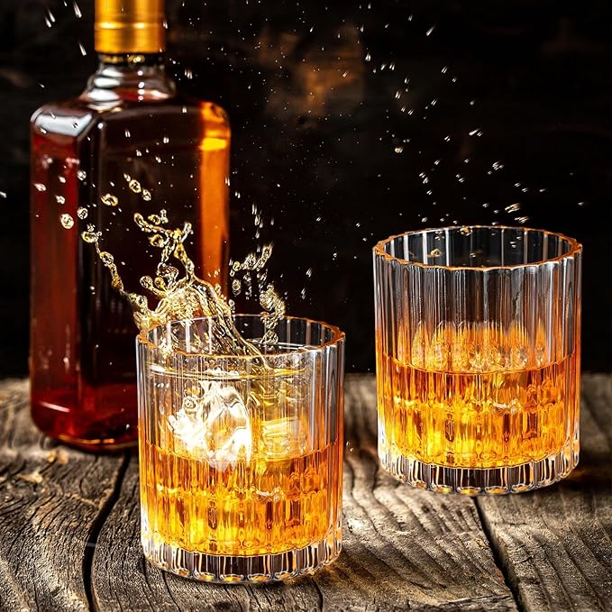 12 Pieces Old Fashioned Whiskey Glasses 10 oz Bourbon Cocktail Rocks Glasses for Whiskey Bourbon Liquor and Cocktail Drinks Gift for Men Home Bar(Vintage Ribbed)
