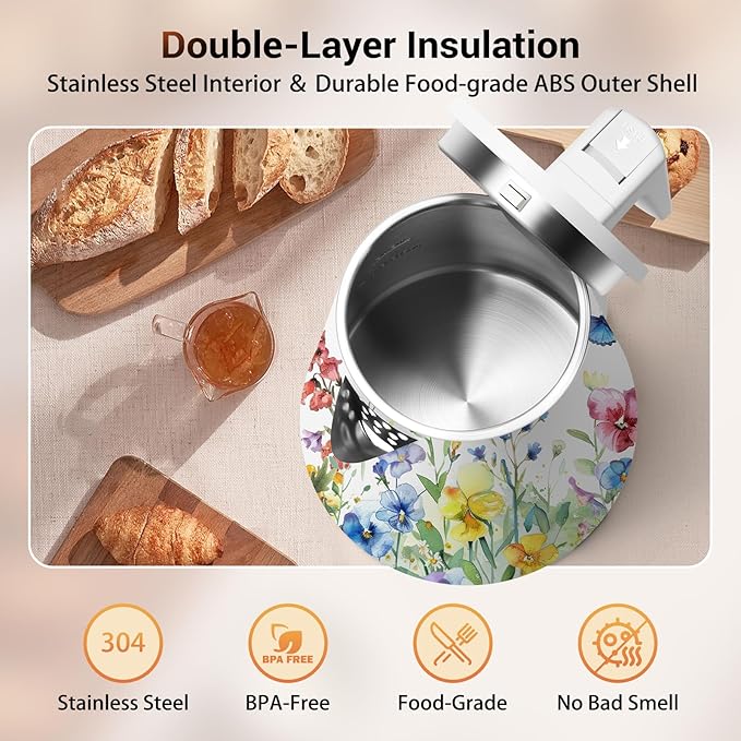 1.2L Double Wall Stainless Steel Interior Water Boiler, Cordless, 1000W Fast Boil with LED Light Coffee Pot & Tea Electric Kettle, Auto Shut-Off and Boil-Dry Protection (Garden)