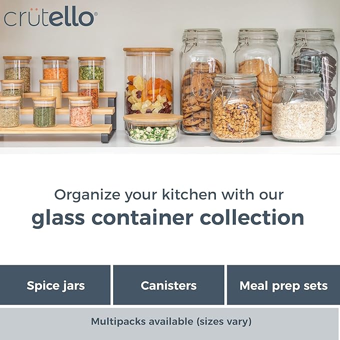 Crutello Glass Meal Prep Containers with Bamboo Lids, 4 Pack - Airtight Clear Food Storage Canisters for Kitchen Organization - A Family-Owned American Brand