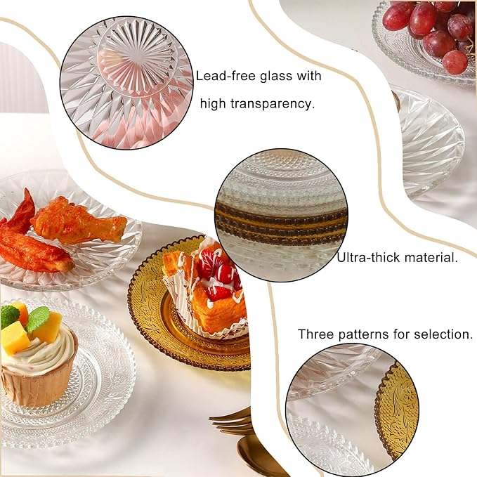 WHJY 6 Inch Clear Glass Plates 4 Pack Vintage Dinnerware Set Transparent Diamond Textured Dinner Plates for Home Party Wedding Crystal Glass Dishes for Fruit Salad Appetizer Dessert