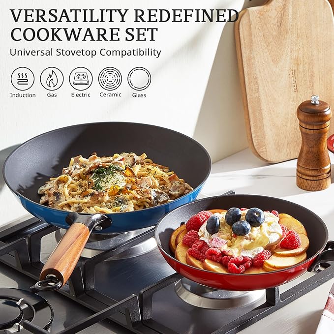 KITESSENSU Enameled Cast Iron Skillets - Non Stick Frying Pans Set with Durable Wooden Handle - 10&12 Inch Titanium Cast Iron Pans for Multi-Cooking - Pre Seasoned Cookware Set - Gradual Cobalt Blue