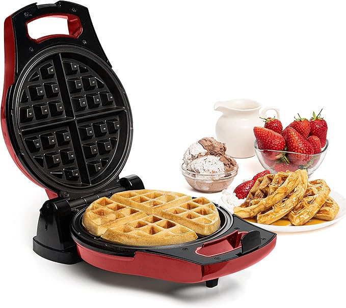 Moss & Stone Red Belgian Waffle Maker, Electric Waffle Machine, Flips & Non-Stick Grids, Temperature Control, Round Waffle