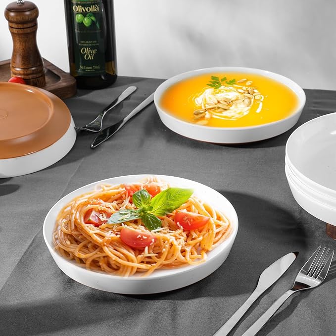 Webbylee 8.25" Melamine Deep Plates Set of 6-28oz Melamine Large Salad Bows,Serving Bowls for Cereal, Fruit, Soup,Deep Enough for Kitchen and Dining White/Brown