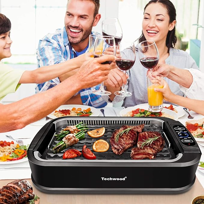 Techwood 1500W Smokeless Indoor Electric Grill with Non-Stick Plates and Tempered Glass Lid - Korean Grill with Temperature Control