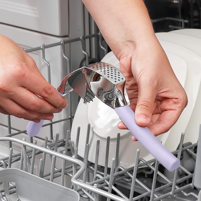 Zulay Kitchen Comfort Grip Garlic Press - Garlic Mincer Tool - Garlic Crusher - Garlic Press Mincer Rust Proof, with Soft Ergonomic Handle, Easy Clean Set with Peeler and Brush - Lavender